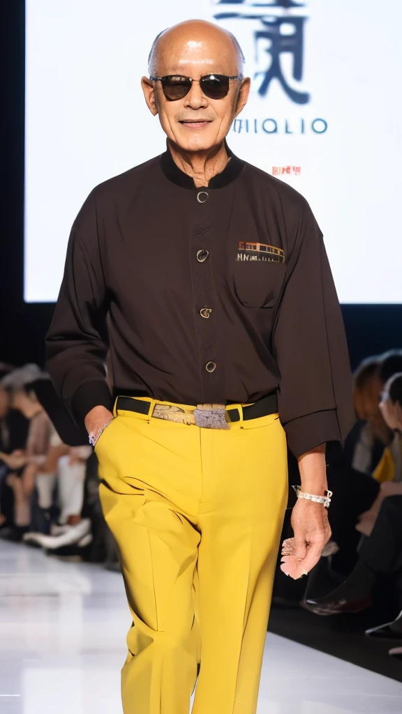 highres, realstick, 8k, Masterpiece, {{63-year-old Japanese male}}, baldness, fashion show, Runway, {{{Flashy design}}}, sunglasses, navel, UNIQLO STYLE