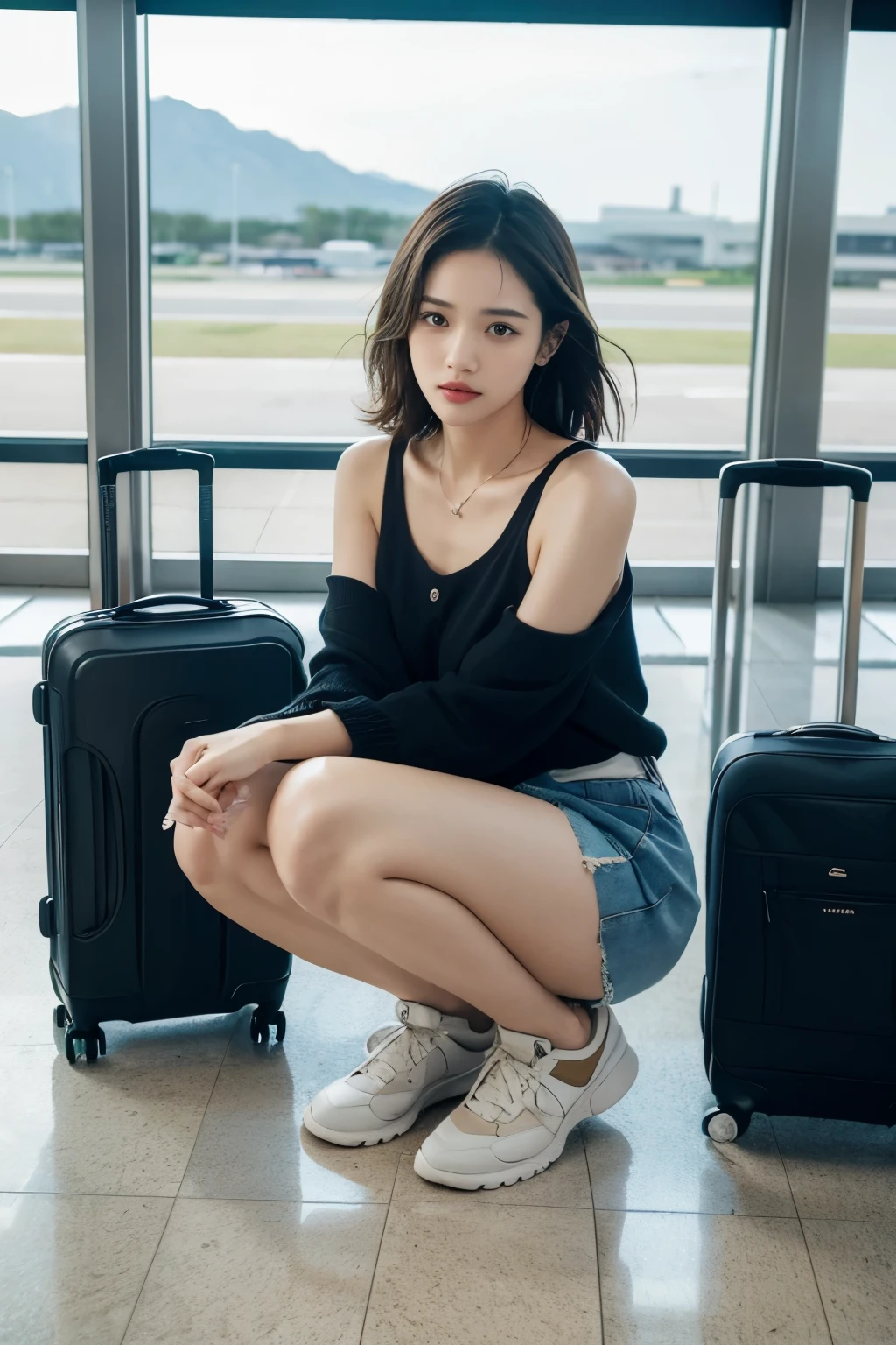 Woman squatting on the floor with a suitcase on her lap, airport background, Inside the suitcase, Promotional Photos, photo shoot, kiko mizuhara, Produce: Hiroyuki Tajima, Produce: Nishida Shun'ei, Gemma Chen, Ticker, Zia, Lulu Chen, Naoto Nakamura(Naoto Nakamura), Written by Ayami Kojima, Mixed Art, Tadashi Nakayama, Rainy