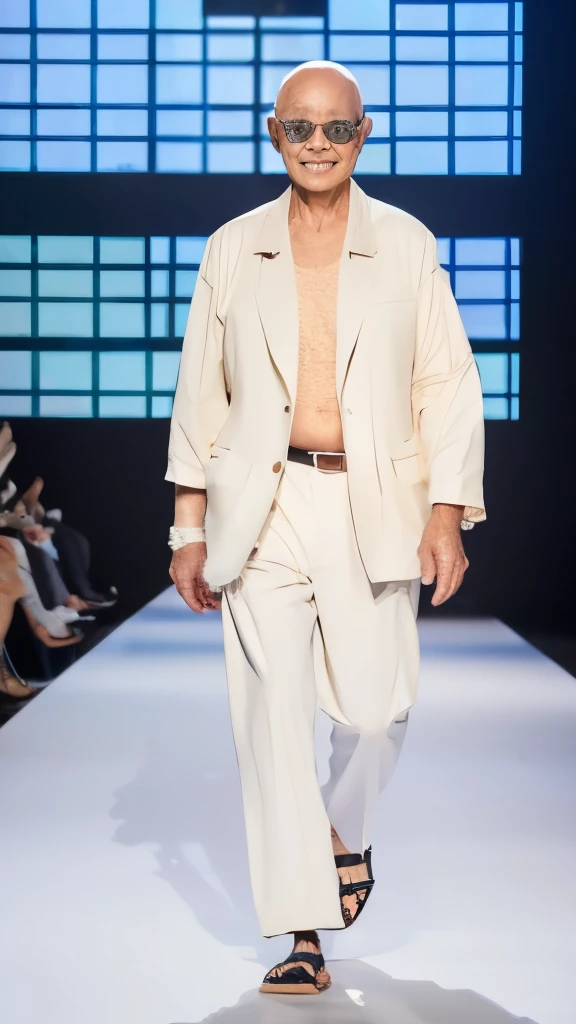 highres, realstick, 8k, Masterpiece, {{63-year-old Japanese male}}, baldness, fashion show, Runway, {{{Flashy design}}}, sunglasses, navel, UNIQLO STYLE
