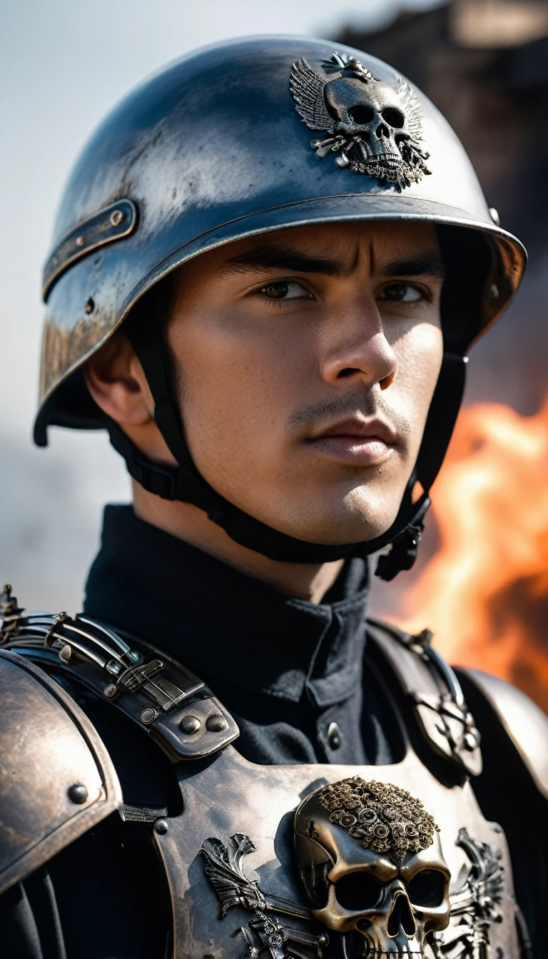 Close-up of a very handsome young man, wearing military uniform with a military helmet; helmet decorated with terminator bones; menacing, fantastical style; iron armor with skeleton decoration; background of bombs, smoke and fire.
Photo taken with Canon EOS R5 85mm f/11 Camera, ((sharp)) mode of people and surrounding scenery. Image quality ((8K)), ((lifelike)), ((masterpiece)), ((sharp and highest contrast)), ((great depth of field)), ((light stereolithography)).