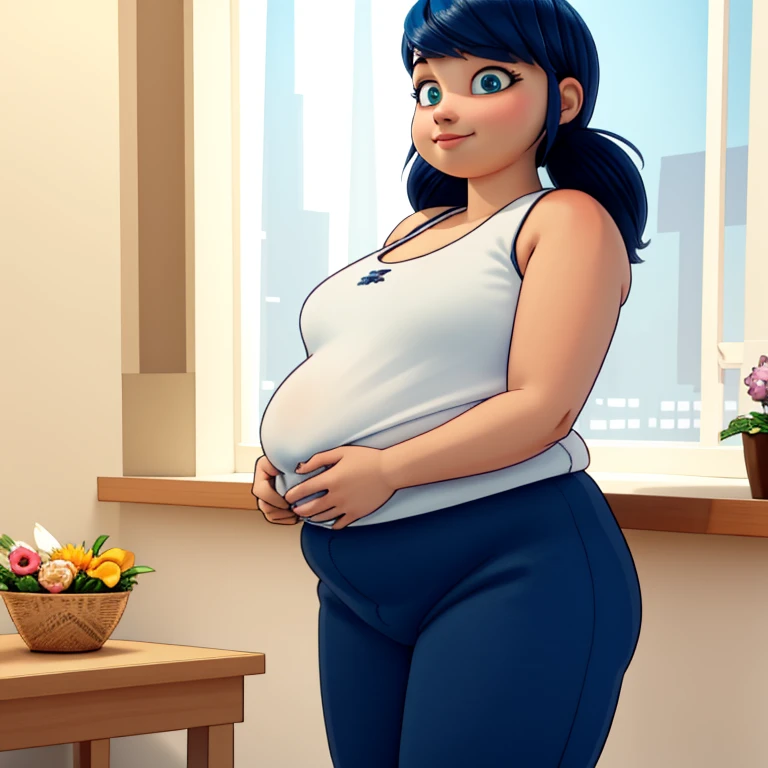 (8k, RAW photo, best quality, masterpiece:1.2), (intricate details), perfect eyes, perfect face, perfect lighting, beautiful, (masterpiece:1.2), (best quality:1.2), 1 fat girl, solo, fat marinette, body plus, blue hair, ((long hair down)), adult torso, , slight smile, medium sized breasts, (white sleeveless shirt, pink sweatpants), cowboy shot, 3DMM