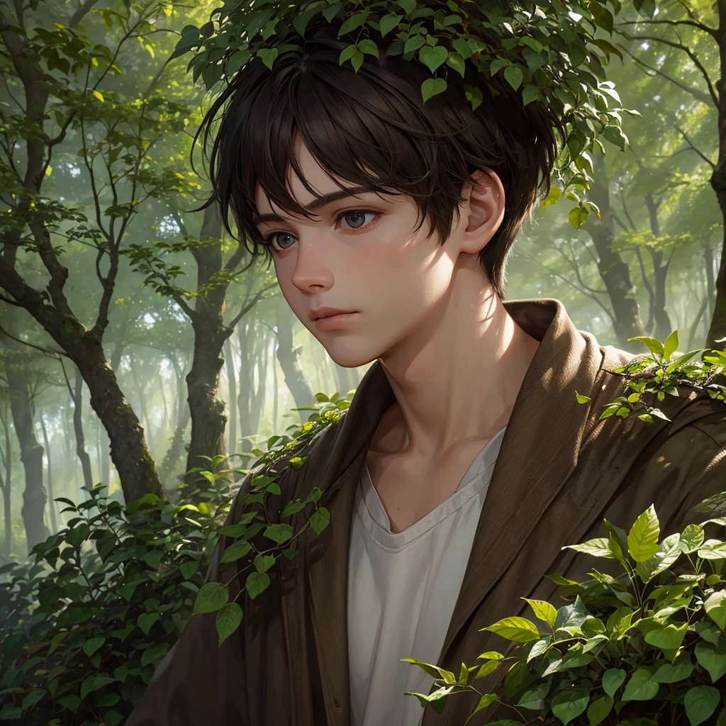 a boy in the forest, detailed facial features, messy brown hair, wandering through dense evergreen trees, sunlight filtering through the leaves, mossy rocks and roots, serene forest atmosphere, intricate details, high quality, cinematic lighting, realistic painting