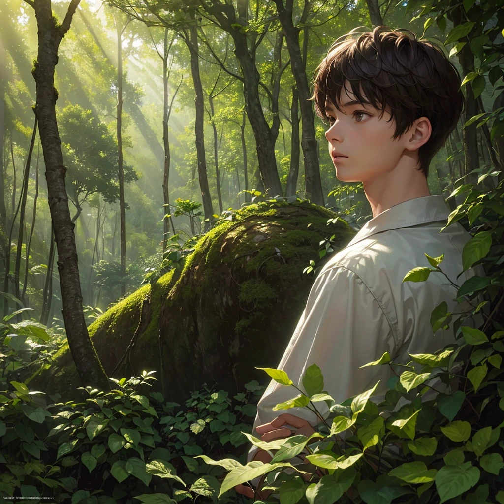 a boy in the forest, detailed facial features, messy brown hair, wandering through dense evergreen trees, sunlight filtering through the leaves, mossy rocks and roots, serene forest atmosphere, intricate details, high quality, cinematic lighting, realistic painting