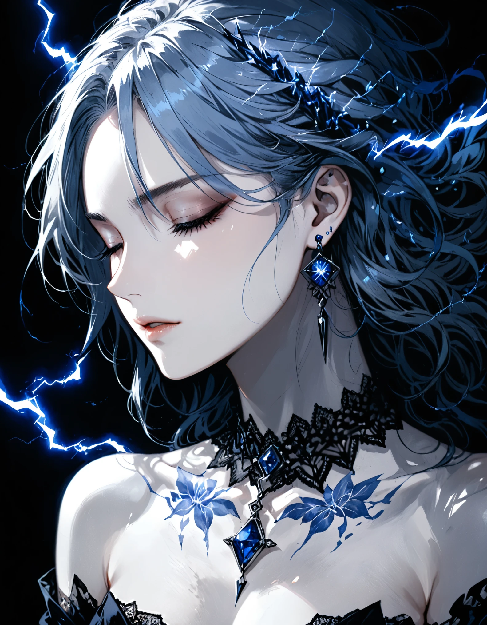 (in style of Harry Clarke:0.8),in style of Santiago Caruso,
1girl,black background,Lying down,Close your eyes,Gray blue hair,Messy soft hair,Bare shoulders,Blue flower tattoo on shoulder,necklace,Diamond blue gemstone earrings,Black shirt,
BREAK
(((black))),(((dark))),(((Low-key light))),(((dark Art))),(((Blue lightning effect))),Portrait close-up,
BREAK
textured skin,textured skin,textured skin,super detail,best quality,highres,masterpiece