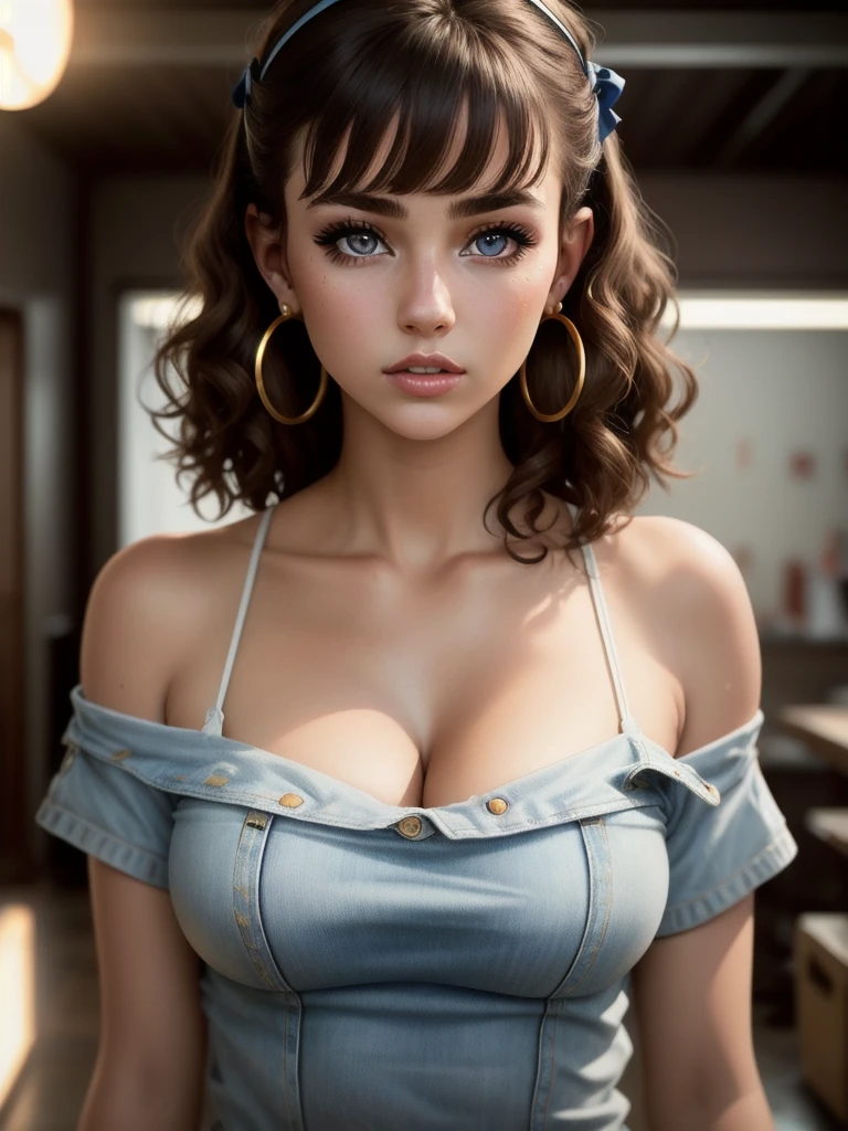 illustration, style of Philip Lorca diCorcia, cinematic film still portrait of young girl aged 18 yrs old, 1girl, solo, Instagram model, athletic figure, modest bust size, deep cleavage, cute face, wearing an off the shoulder white T-shirt, wearing jean shorts, light brown hair, short curly hair, crossed bangs, brown eyes, constricted pupils, hair ribbon, hoop earrings, cinematic lighting, Ultra-Wide Angle, Canon, Hyperrealism, UHD, masterpiece, textured skin, high details, best quality, detailed eyes, detailed iris