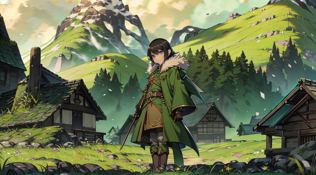 yuichiro hyakuya girl, (WithoutFear:1), 1 girl, black hair, green eyes, brown coat, gray armor, elves, sylvan, green shield, green cloak, dark brown gloves, forest, white fur trim, anime, standing, good quality, portrait, looking at viewer