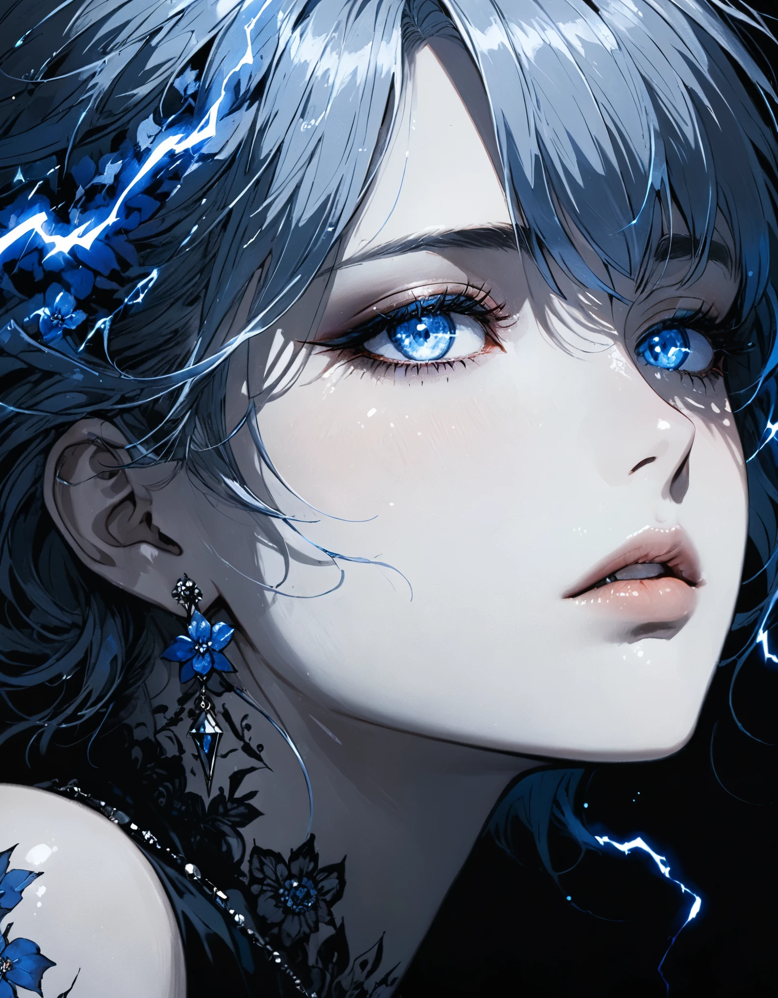 (in style of Harry Clarke:0.8),in style of Santiago Caruso,
1girl,black background,Lying down,Close your eyes,Gray blue hair,Messy soft hair,Bare shoulders,Blue flower tattoo on shoulder,necklace,Diamond blue gemstone earrings,Black shirt,
BREAK
(((black))),(((dark))),(((Low-key light))),(((dark Art))),(((Blue lightning effect))),Portrait close-up,
BREAK
textured skin,textured skin,textured skin,super detail,best quality,highres,masterpiece