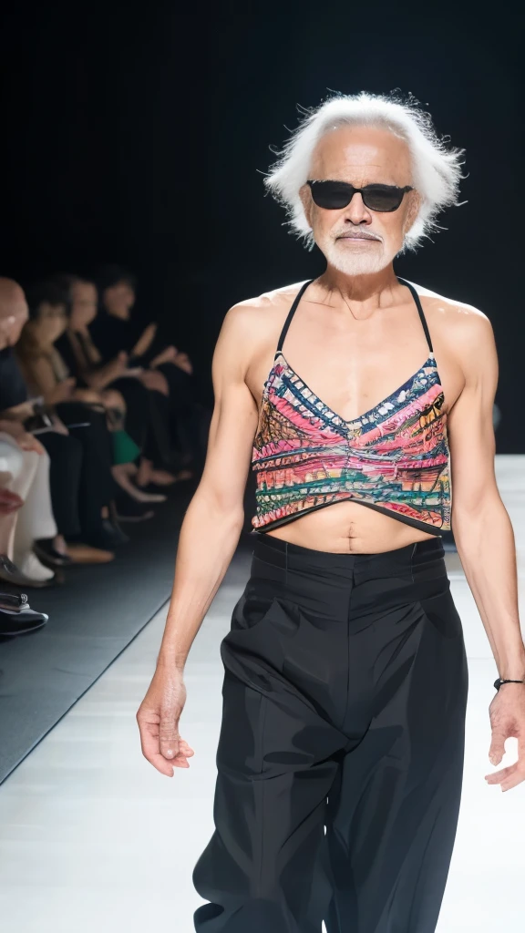 highres, realstick, 8k, Masterpiece, {{63-year-old Japanese male}}, baldness, fashion show, Runway, {{{Flashy design}}}, sunglasses, navel, Yohji Yamamoto