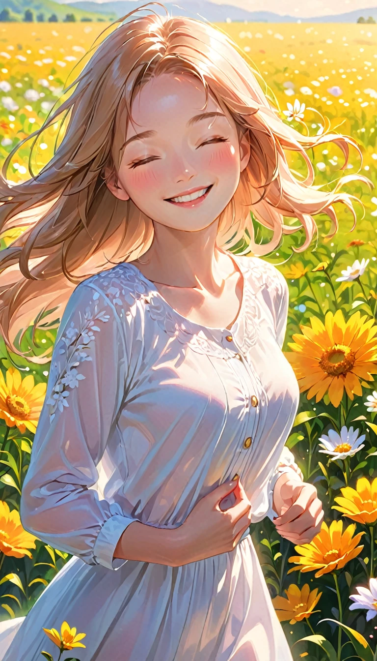 super detail, best quality, a woman , Full smile, Eyes closed, Light-colored, neat clothing, An atmosphere of joy ,Flower Field,Mature Woman, (Crisp lines)