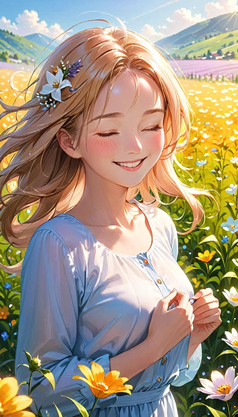 super detail, best quality, a woman ,　Full smile, Eyes closed, Light-colored, neat clothing,　An atmosphere of joy ,Flower Field,Mature Woman,　(Crisp lines)
