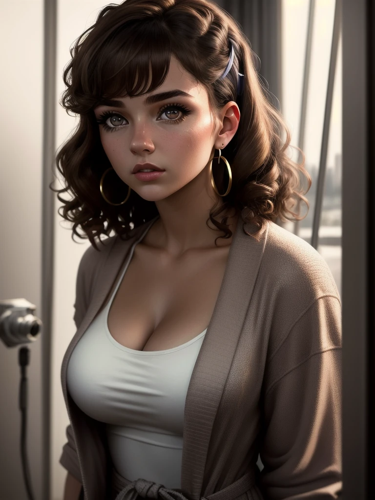 illustration, style of Philip Lorca diCorcia, cinematic film still portrait of young girl aged 18 yrs old, 1girl, solo, Instagram model, athletic figure, modest bust size, deep cleavage, cute face, wearing a black bathrobe, light brown hair, short curly hair, crossed bangs, brown eyes, constricted pupils, hair ribbon, hoop earrings, cinematic lighting, Ultra-Wide Angle, Canon, Hyperrealism, UHD, masterpiece, textured skin, high details, best quality, detailed eyes, detailed iris