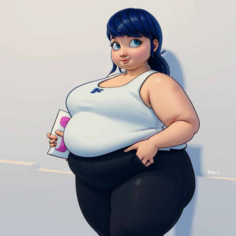 (8k, RAW photo, best quality, masterpiece:1.2), (intricate details), perfect eyes, perfect face, perfect lighting, beautiful, (masterpiece:1.2), (best quality:1.2), 1 fat girl, solo, fat marinette, body plus, blue hair, ((long hair down)), adult torso, , slight smile, medium sized breasts, (white sleeveless shirt, pink sweatpants), cowboy shot, 3DMM