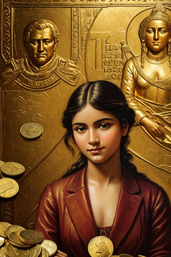 make an image of a painting about a humble hero , but with various riches, gold-coins, banknotes of 5 reais and beautiful girls around him.1920x1080px
