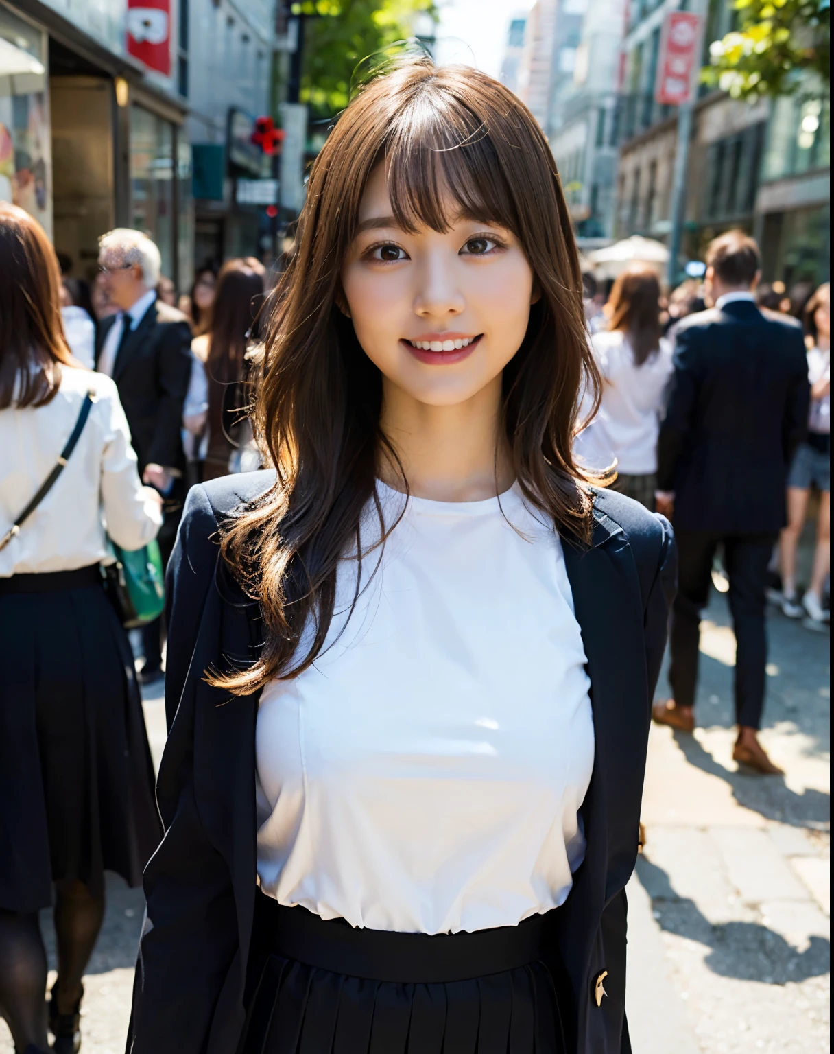 (8k、RAW Photos、Highest quality、masterpiece:1.2)、(Realistic、Photorealistic:1.37)、Ultra-detailed、Ultra-high resolution、1 girl、Seeing the viewer、Beautifully detailed face、Laughter、narrow、(Narrow waist) :1.3)、Beautifully detailed skin、Skin Texture、Floating Hair、Professional Lighting、Human whole body、Long Hair、Blonde、Japanese Height 、mini skirt、Tube top under jacket、festival、On the street、firework、Bob Hair、夏festival、Opening a store、Smile、(((The whole body to the toes)))、(((The front of the uniform is completely open.、I can see your chest.....)))、(((No good)))、Huge breasts