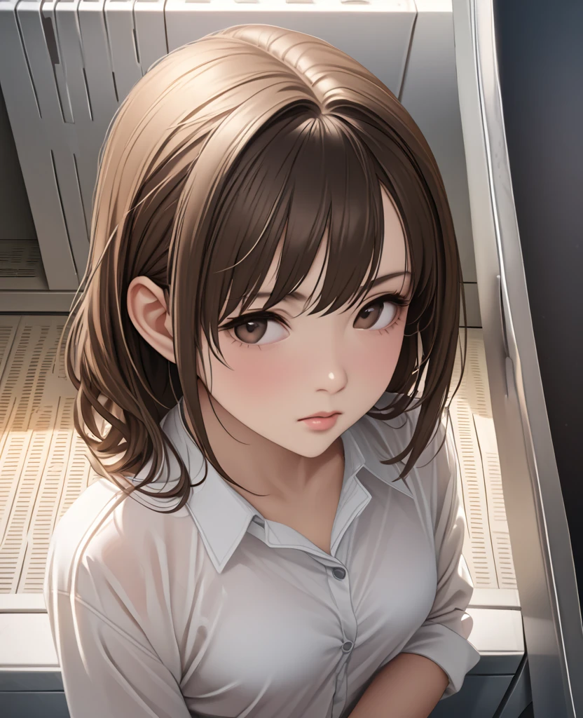 (((masterpiece) (((((Highest quality))))((high resolution))))), Very detailed, Ultra-realistic, )、、locker room、Open shirt、White Bra、白panties、Brown Hair、、、Change of clothes、((Expressionless))、From above.stand、Look away.((((Gaze Down))))、Do not look at the front、solo