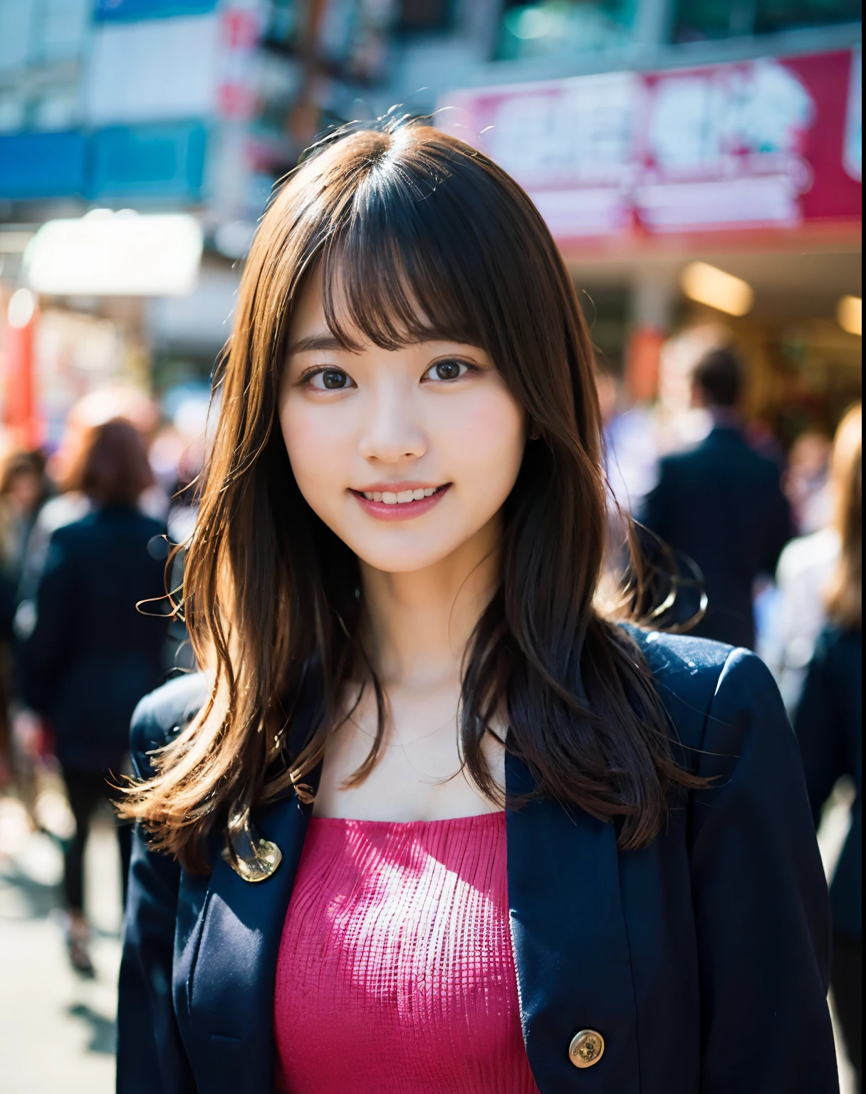 (8k、RAW Photos、Highest quality、masterpiece:1.2)、(Realistic、Photorealistic:1.37)、Ultra-detailed、Ultra-high resolution、1 girl、Seeing the viewer、Beautifully detailed face、Laughter、narrow、(Narrow waist) :1.3)、Beautifully detailed skin、Skin Texture、Floating Hair、Professional Lighting、Human whole body、Long Hair、Blonde、Japanese Height 、mini skirt、Tube top under jacket、festival、On the street、firework、Bob Hair、夏festival、Opening a store、Smile、(((The whole body to the toes)))、(((The front of the uniform is completely open.、I can see your chest.....)))、(((No good)))、Huge breasts