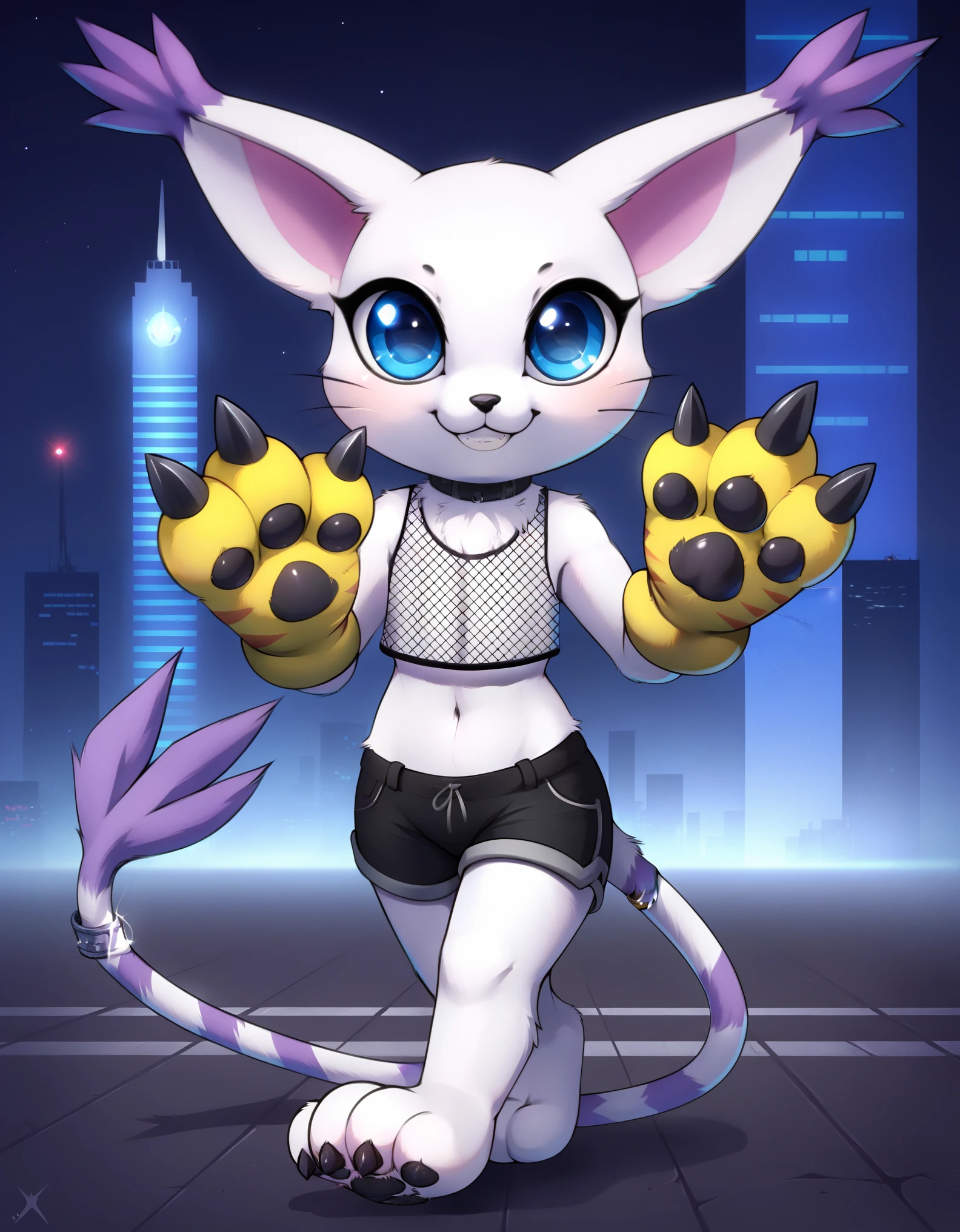 gatomon, feral, (digimon), solo, looking at viewer, blue eyes, white fur, striped tail, gloves, paw gloves, pawpads,  (masterpiece, best quality)), best res, good anatomy, cute, (sexy:1.3), ultra cute face, hot, female, smiling, extremely detailed face, 4k, happy, detailed eyes, beautiful, smiling, cute, solo, smile, tail, arms, female, walking in an abandoned city, (wearing a sleeveless fish net crop top, black choker on neck), shorts,  bare legs, gatomon, gloves, claws, tail, (tail ring), whiskers, yellow gloves, striped tail, digimon (creature), pawpads, full body view