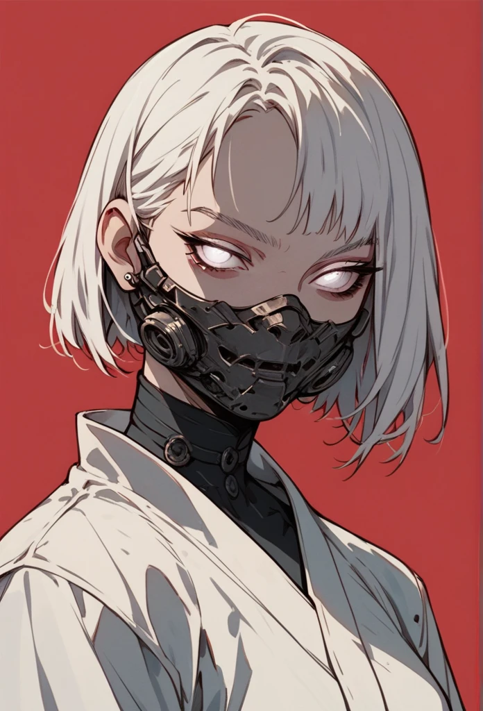 (score_9, score_8_up), score_7_up, zPDXL, 1girl, white hair, short hair, white eyes, mouth mask, looking at viewer, white kimono, red background, film grain, cowboy shot sinozick style