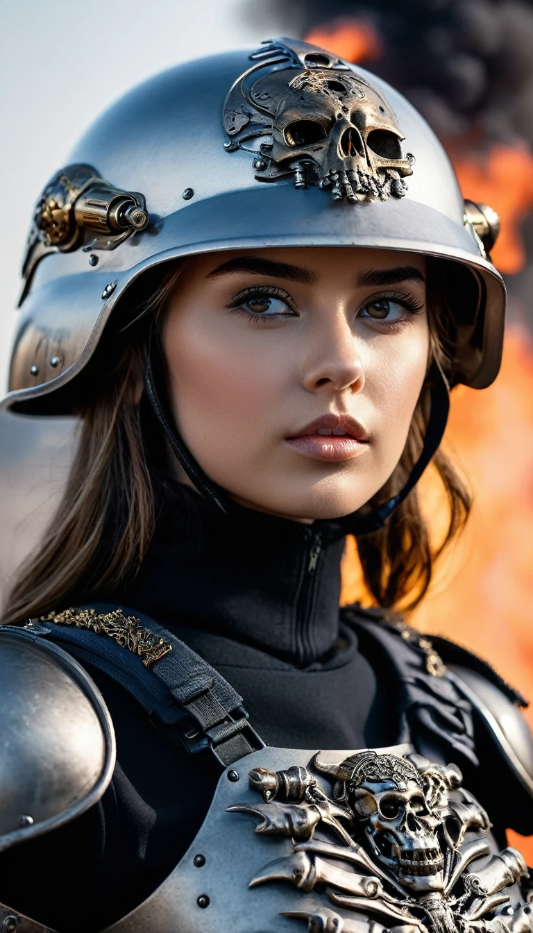 Close-up of a very beautiful girl, wearing military uniform with a military helmet; helmet decorated with terminator bones; menacing, fantastical style; iron armor with skeleton decoration; background of bombs, smoke and fire.
Photo taken with Canon EOS R5 85mm f/11 Camera, ((sharp)) mode of people and surrounding scenery. Image quality ((8K)), ((lifelike)), ((masterpiece)), ((sharp and highest contrast)), ((great depth of field)), ((light stereolithography)).