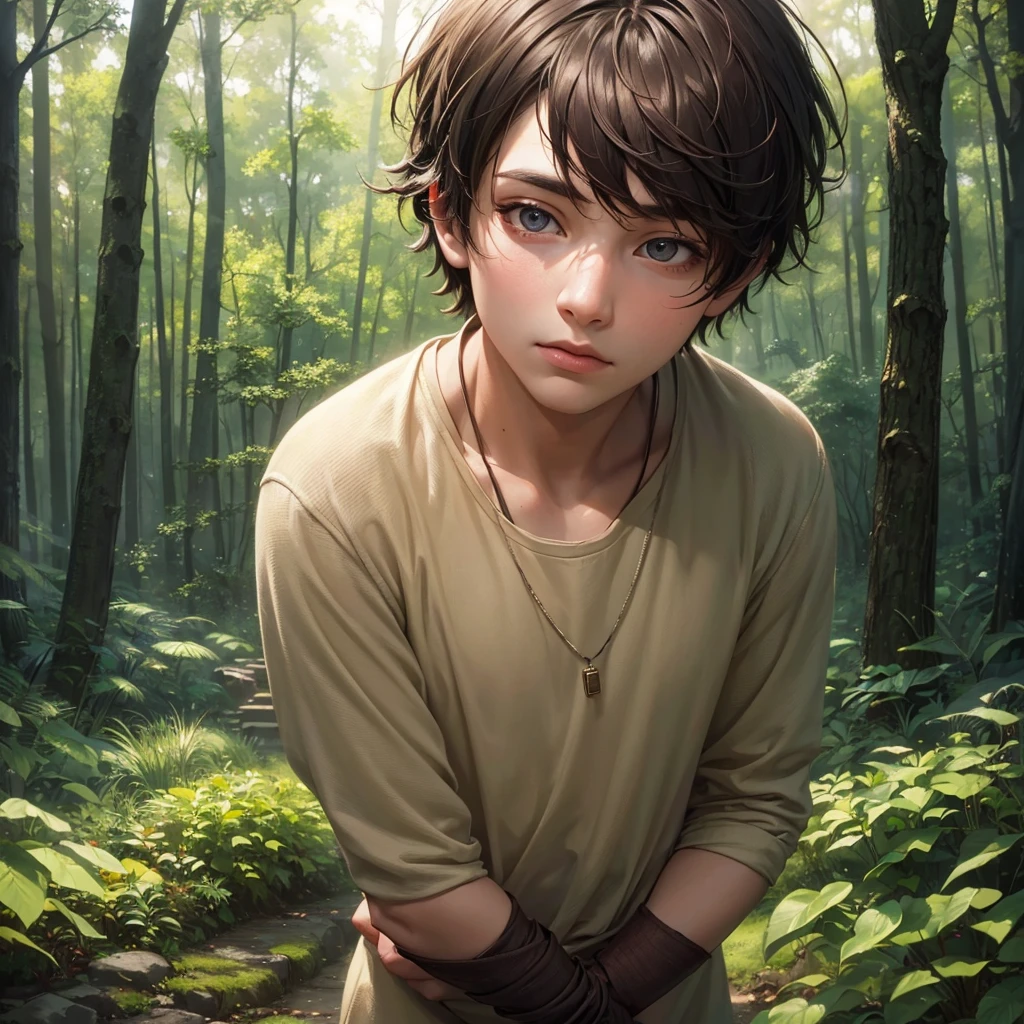 A lonely boy in a forest, 1boy, detailed face, beautiful eyes, detailed nose, detailed lips, detailed face, longeyelashes, forest, trees, sunlight, peaceful, serene, (best quality,4k,8k,highres,masterpiece:1.2),ultra-detailed,(realistic,photorealistic,photo-realistic:1.37),digital painting,cinematic lighting,dramatic lighting,warm color tones,muted colors,soft focus