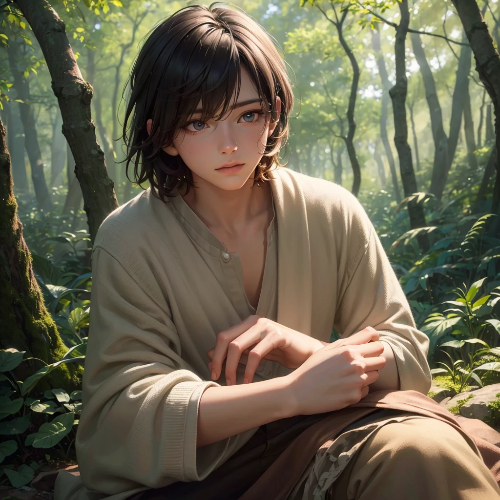 A lonely boy in a forest, 1boy, detailed face, beautiful eyes, detailed nose, detailed lips, detailed face, longeyelashes, forest, trees, sunlight, peaceful, serene, (best quality,4k,8k,highres,masterpiece:1.2),ultra-detailed,(realistic,photorealistic,photo-realistic:1.37),digital painting,cinematic lighting,dramatic lighting,warm color tones,muted colors,soft focus