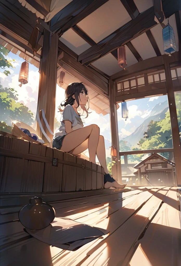 summer、Japanese countryside house、sitting on the edge。bucolic、Background of nature、Style、Countryside view、T-shirt girl、wind chimes、、One Girl、sunlight、Dynamic Angle((masterpiece,Highest quality))、