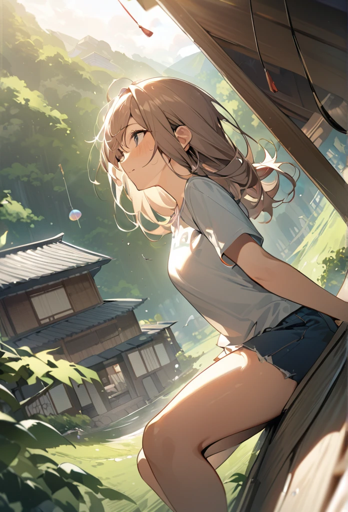 summer、Japanese countryside house、sitting on the edge。bucolic、Background of nature、Style、Countryside view、T-shirt girl、wind chimes、、One Girl、sunlight、Dynamic Angle((masterpiece,Highest quality))、