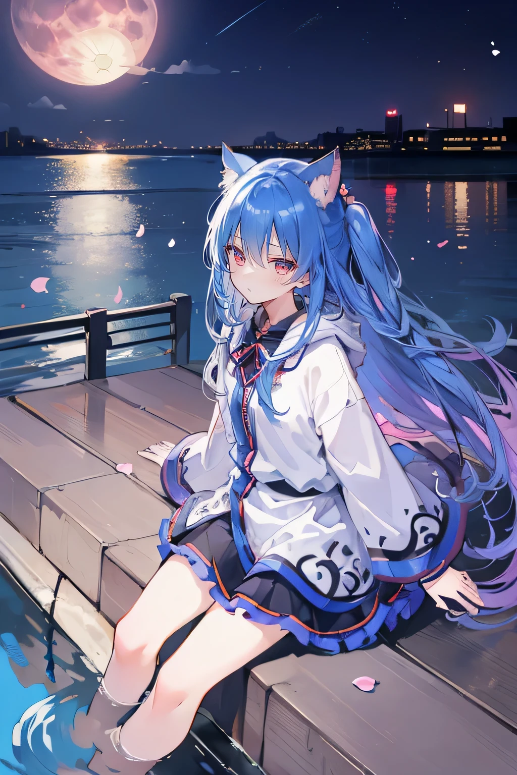 (masterpiece:1.uper detailed,lifelike,Expressive eyes,fair skin,perfect face shape,1 girl,
Japanese comics,Gorgeous blue hair,flowing blue hair,flowing clothes,Cat ears,Petals fall,beautiful lola,Baby Angel,
Shaking head with one hand,Cross your legs,Gentle and peaceful background,The pavilion is cool and comfortable,smile, wearing hoodie, background of tokyo,back views,snowing, winter,lie on the water,Reflection on the surface of the water,Full moon night。
