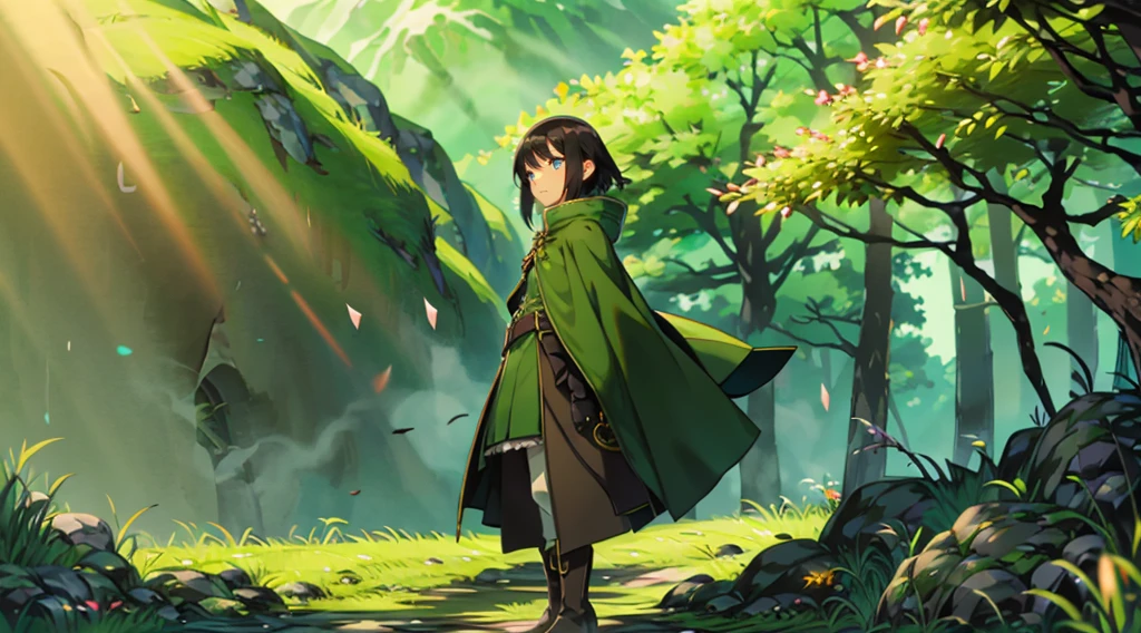 yuichiro hyakuya girl, (WithoutFear:1), 1 girl, black hair, green eyes, brown coat, gray armor, elves, sylvan, green shield, green cloak, dark brown gloves, forest, white fur trim, anime, standing, good quality, portrait, looking at viewer