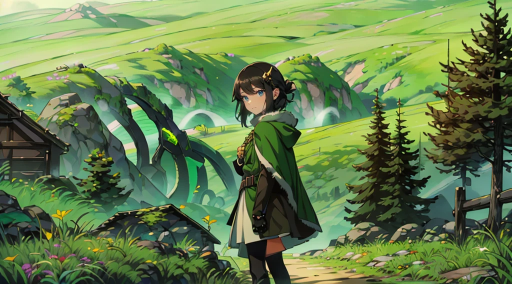yuichiro hyakuya girl, (WithoutFear:1), 1 girl, black hair, green eyes, brown coat, gray armor, elves, sylvan, green shield, green cloak, dark brown gloves, forest, white fur trim, anime, standing, good quality, portrait, looking at viewer