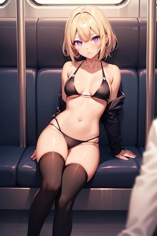 (Tabletop, Highest quality, Very detailed), One Girl, Purple eyes, Blonde, Dark Skin, short hair、Perm Hair、((Thigh-high socks))、(in the train)、((Black Bikini))、sit