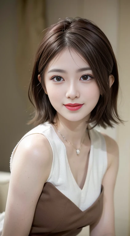 blush a little and smile, (Top quality masterpiece:1.2) Delicate illustrations, Very detailed, /Beautiful Japanese Woman、1 person,Very cute and slim、Great style 、((8k images、super high quality))、Very delicate face, Skin and Hair、Big Breasts、beautifule forehead、Red lipstick、(((((short hair、Light brown hair、lure))))),Very cute Japanese cut face、Eyes and nose are clearly visible、Kind eyes,((((White sleeveless fashion))))