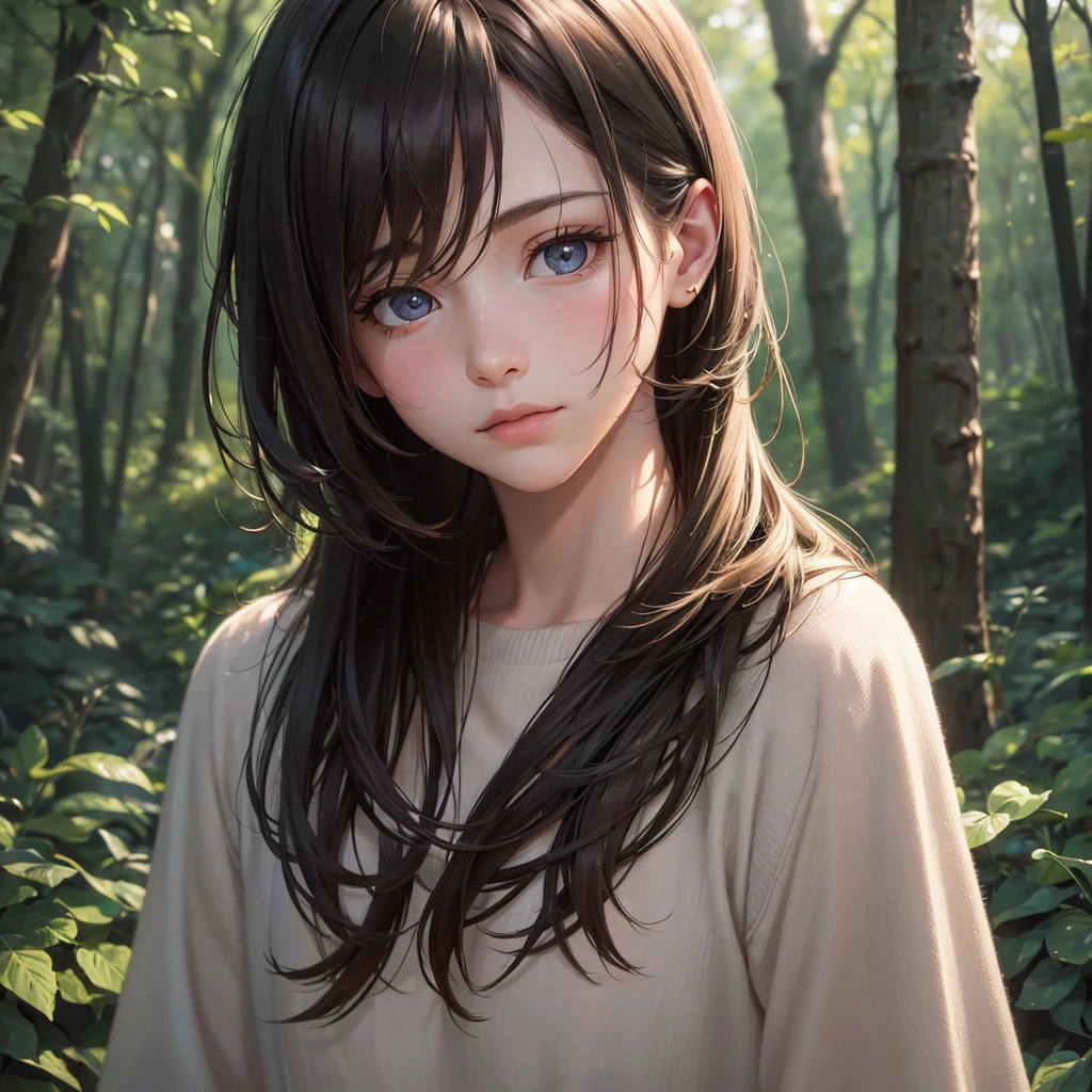 A lonely boy in a forest, 1boy, detailed face, beautiful eyes, detailed nose, detailed lips, detailed face, longeyelashes, forest, trees, sunlight, peaceful, serene, (best quality,4k,8k,highres,masterpiece:1.2),ultra-detailed,(realistic,photorealistic,photo-realistic:1.37),digital painting,cinematic lighting,dramatic lighting,warm color tones,muted colors,soft focus