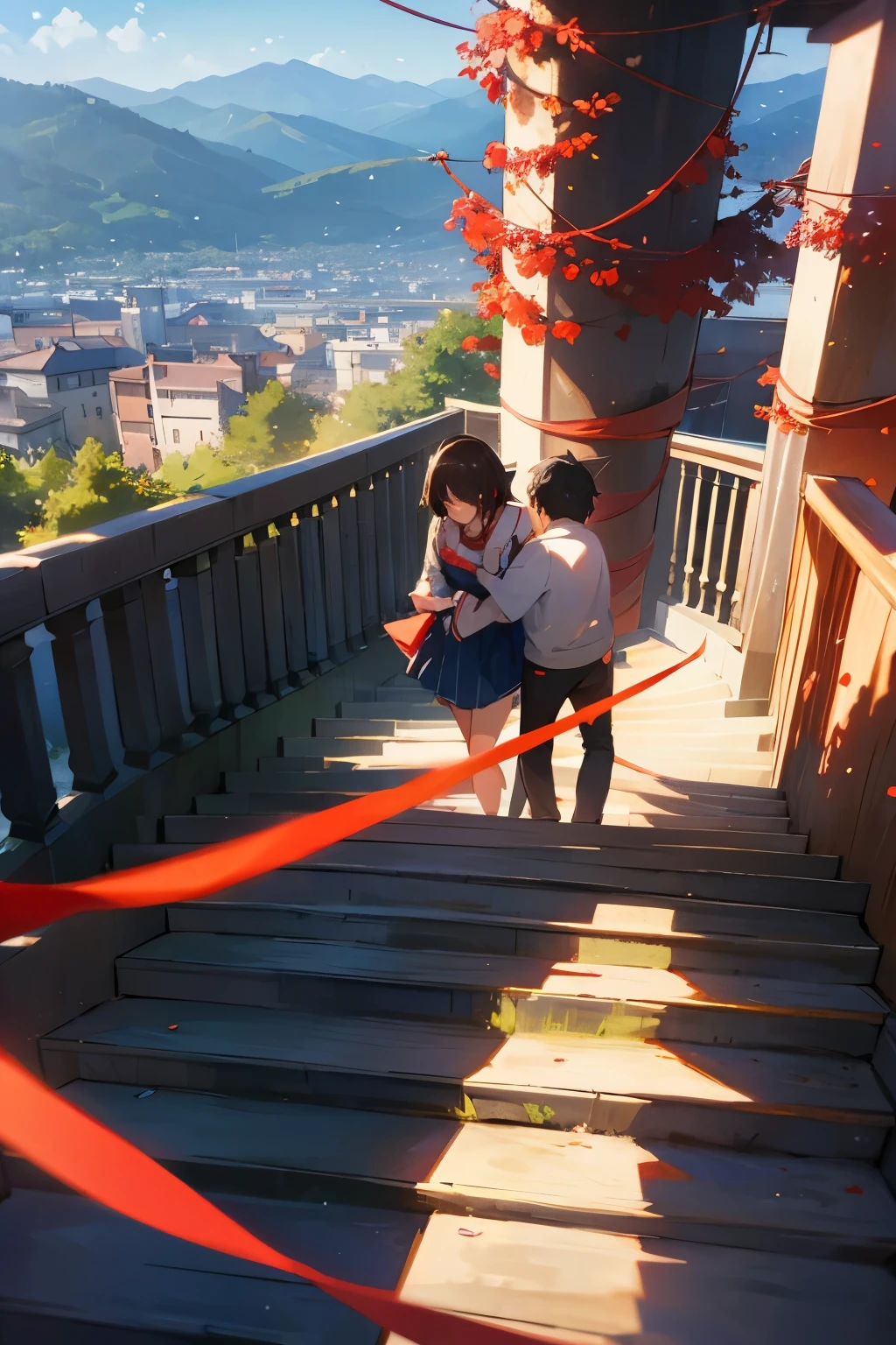 In the center are Taki tachibana and Mitsuha Miyamizu from your name, They are on some stairs and a red thread surrounds them, There is also a fictional landscape