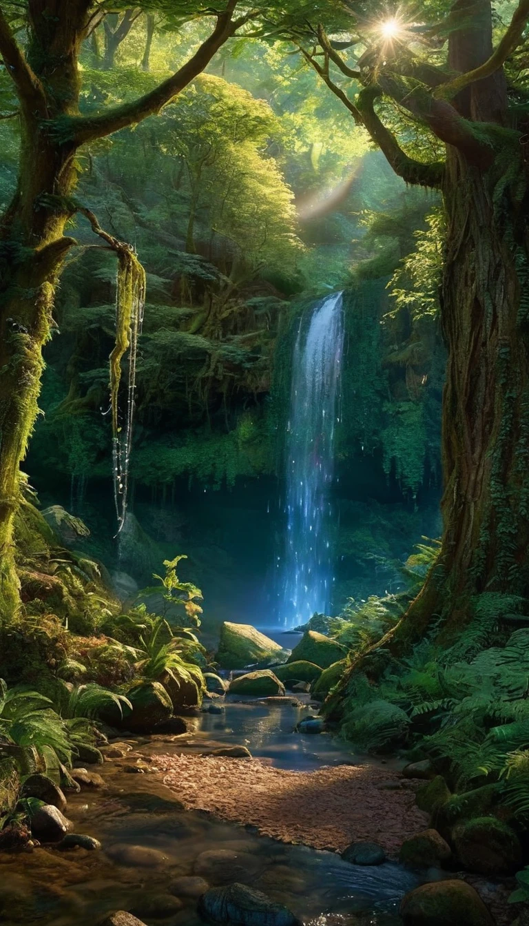 enchanted forest at twilight, ethereal light filtering through ancient towering trees, vividly detailed lush undergrowth, mystical creatures lurking in the shadows, sparkling fairy lights weaving through the foliage, a crystal-clear stream with water so pure it glows, cascading waterfall in the background with magical properties, fantasy wildlife drinking at the water's edge, highly detailed, photorealistic textures on every surface, soft diffused lighting creating a serene atmosphere, high dynamic range, ultra HD 8K resolution, depth of field emphasizing the magical focus points, art by Thomas Kinkade and Roger Dean, immersive, otherworldly beauty captured in cinematic quality,