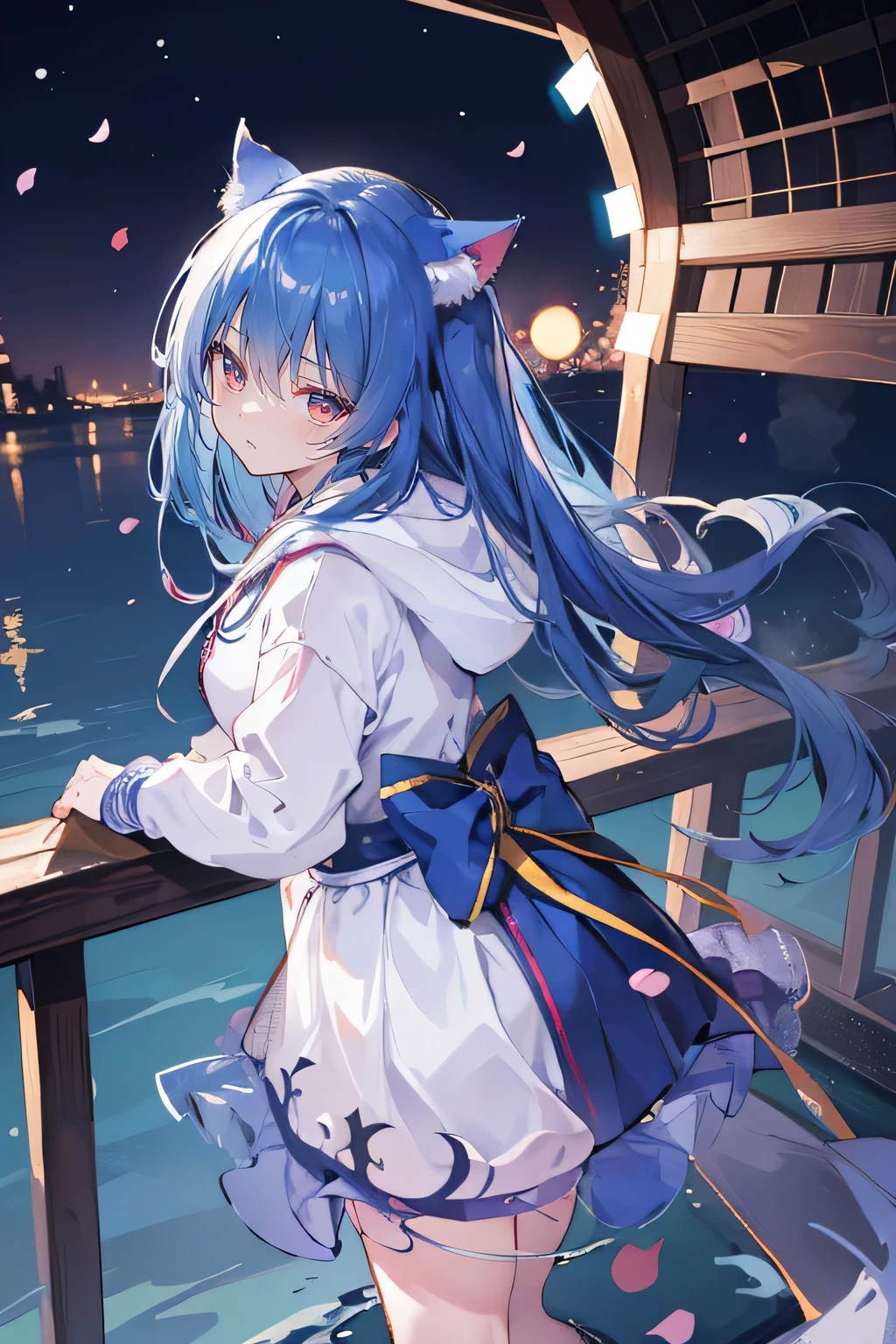 (masterpiece:1.2),Super detailed,lifelike,Expressive eyes,fair skin,perfect face shape,1 girl,
Japanese comics,Gorgeous blue hair,flowing blue hair,flowing clothes,Cat ears,Petals fall,beautiful lola,Baby Angel,
Shaking head with one hand,Cross your legs,Gentle and peaceful background,The pavilion is cool and comfortable,smile, wearing hoodie, background of tokyo,back views,snowing, winter,lie on the water,Reflection on the surface of the water,Full moon night。