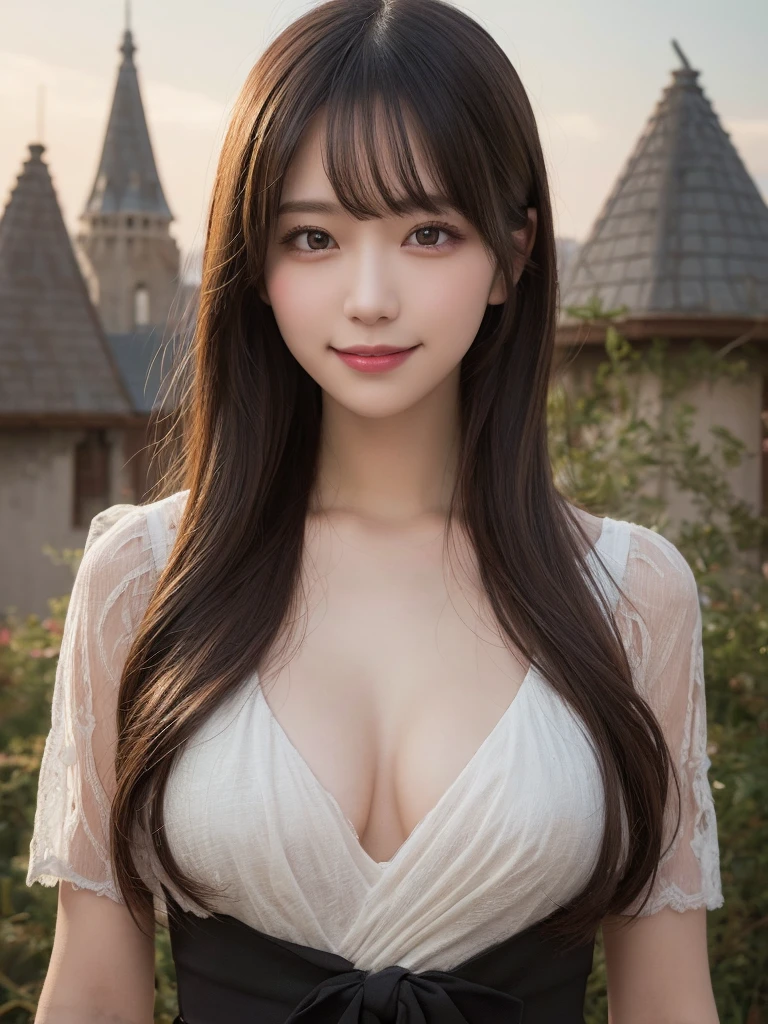 masutepiece, Best Quality, Illustration, Ultra-detailed, finely detail, hight resolution, 8K Wallpaper, Perfect dynamic composition, Beautiful detailed eyes, doress,Medium Hair, mid-chest, Natural Color Lip, Random and sexy poses,Smile,Tower Mansion