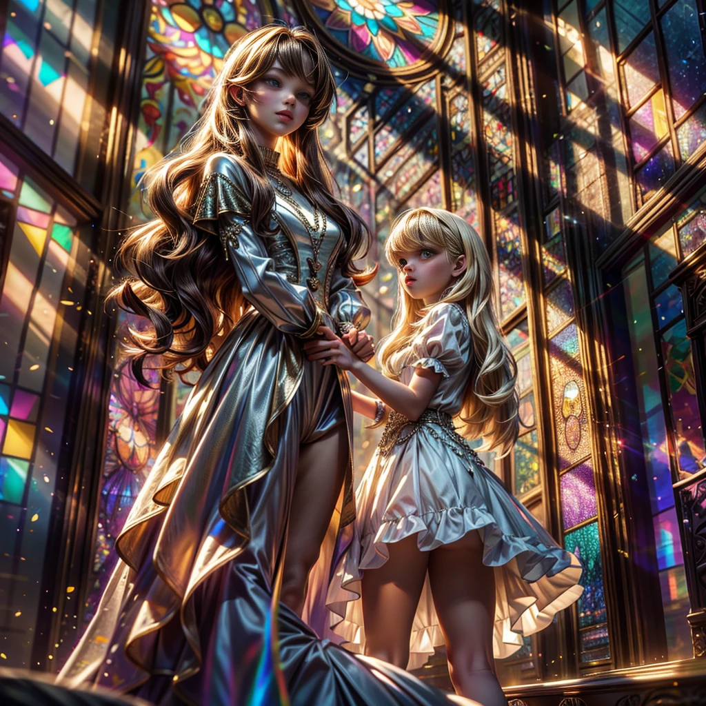 (Cathedral from below:1.28) (ZoomLayer) TopQuality 8K masterpiece of ((Professional photo)), (((Clarisse de Cagliostro))) (Detailed White WeddingDresses), Chain, (((Extremely detailed KAWAII face))) {((VeiledFace))|BlondeHair|(Elaborate BuleEyes)with(SparklingHighlights:1.28)}, The background is distant (((Elaborate stained glass))) Rainbow Glass, {(MysticSight)|EnchantingAtmosphere|Haze|(GodRays)|TyndallEffect}, Radiant PearlSkin with Transparency, (Exposed:0.39)