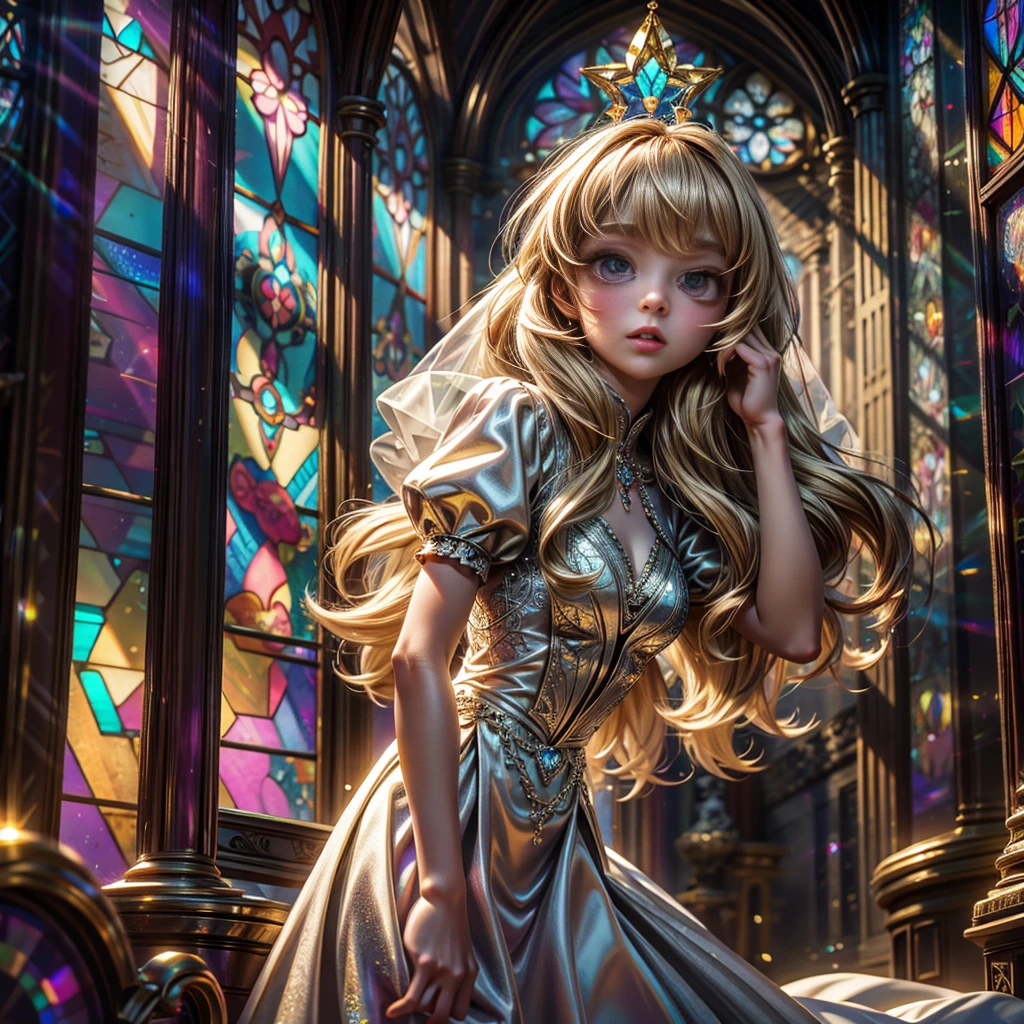 (Cathedral from below:1.28) (ZoomLayer) TopQuality 8K masterpiece of ((Professional photo)), (((Clarisse de Cagliostro))) (Detailed White WeddingDresses), Chain, (((Extremely detailed KAWAII face))) {((VeiledFace))|BlondeHair|(Elaborate BuleEyes)with(SparklingHighlights:1.28)}, The background is distant (((Elaborate stained glass))) Rainbow Glass, {(MysticSight)|EnchantingAtmosphere|Haze|(GodRays)|TyndallEffect}, Radiant PearlSkin with Transparency, (Exposed:0.39)