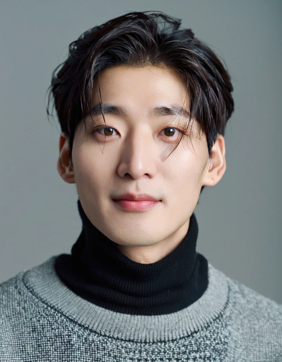 Asian handsome man,close-up portrait, (이준기 look like:0.7),smiling, crew cut hair, droopy brown eyes, droopy wavy nose ,direct gaze,dark hair,black turtleneck,shadow on face,neutral expression,studio lighting,blue background,high-resolution image,minimalistic,young adult,clean-shaven,headshot,symmetrical composition,serious mood,professional photography,dark color palette,