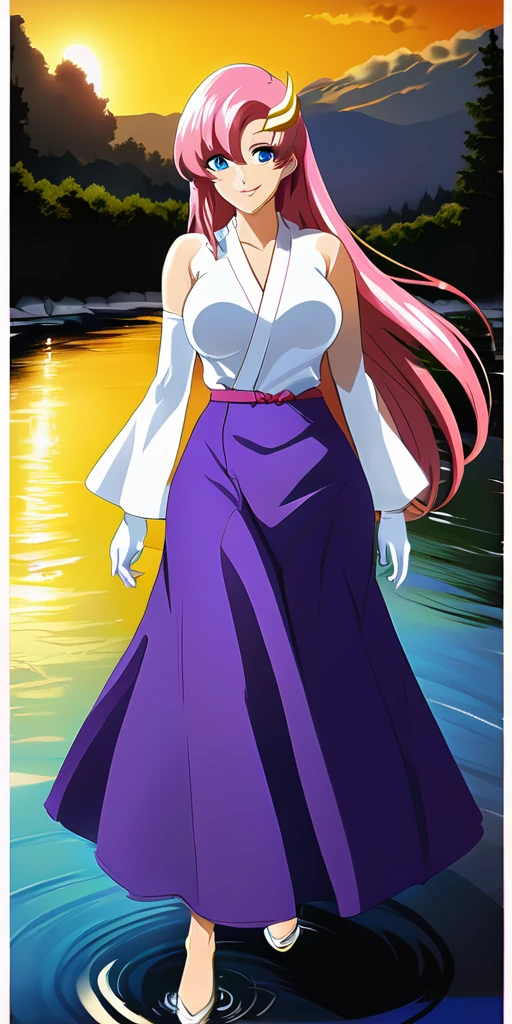 64k,超High resolution,超Highest quality,masterpiece,Hyperrealistic,Full body photo,Full body angle,Whole Body Ezbian,Surreal,Very detailed:1.3,Ultra-realistic:3.0,masterpiece,Detailed eyes,Detailed skin,Detailed face,Shiny skin,Detailed Hair,White skin,Perfect lighting,Glossy Lips,wallpaper,京都animeーション, animeカラーリング ,Sunrise,Klein Lake,GundamSEED,2024 Era \(style\),masterpiece, Highest quality, High resolution, anime, Lacus 1, One girl, alone, Pink Hair, Straight hair, hair ornaments, White sleeves, blue eyes, White Dress, Purple Skirt, Long skirt,Dress,Swimsuit,Yukata, Very long hair, Bare shoulders, Large Breasts, smile, Gundam, In the water lake,retro artstyle,