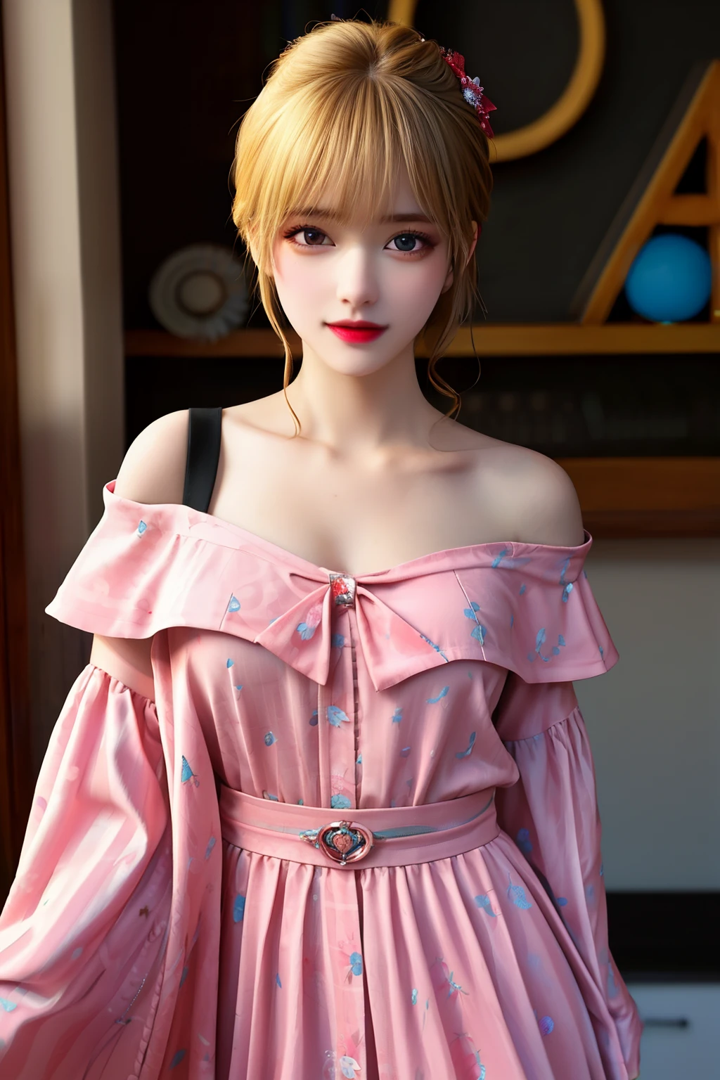 ((Highest quality)), ((masterpiece)), (detailed), One girl, Off the shoulder, sexy、blonde、nice、Girl、Pixar、stamp