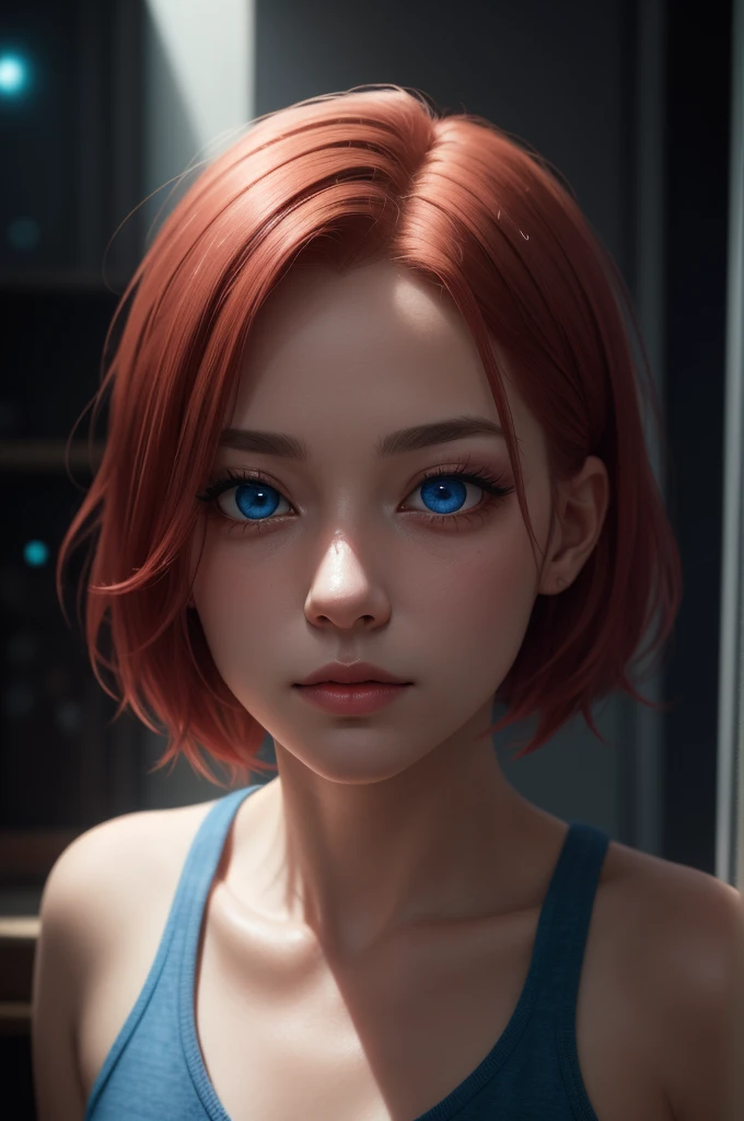 Light particles, soft lighting, volumetric lighting,
1girl, single,
red hair, short hair,
Blue eyes, long eyelashes, thick eyelashes, looking at the scenes,