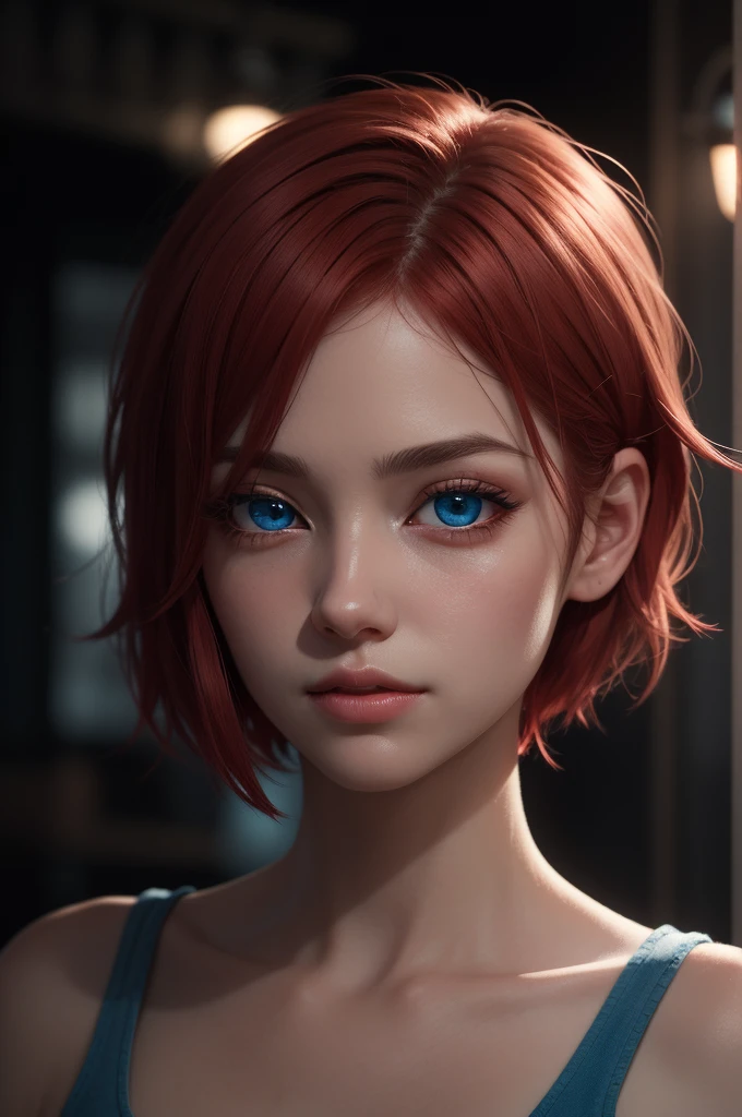 Light particles, soft lighting, volumetric lighting,
1girl, single,
red hair, short hair,
Blue eyes, long eyelashes, thick eyelashes, looking at the scenes,