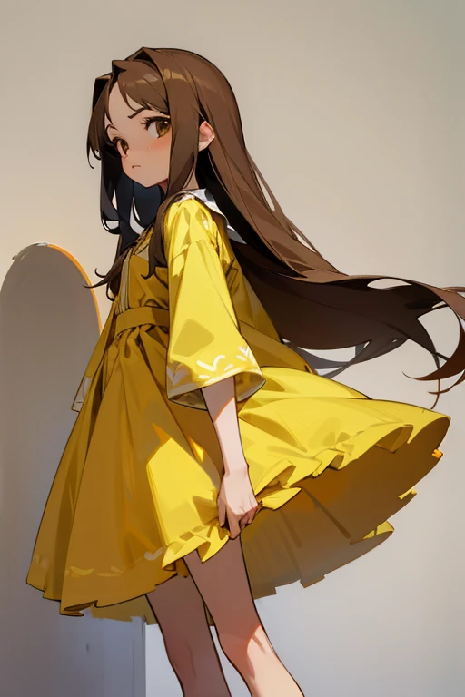 Draw a drawing of a girl with these characteristics 1.70 m, with long straight brown hair, brown eyes and softer, more feminine facial features and wearing a yellow dress, anime version