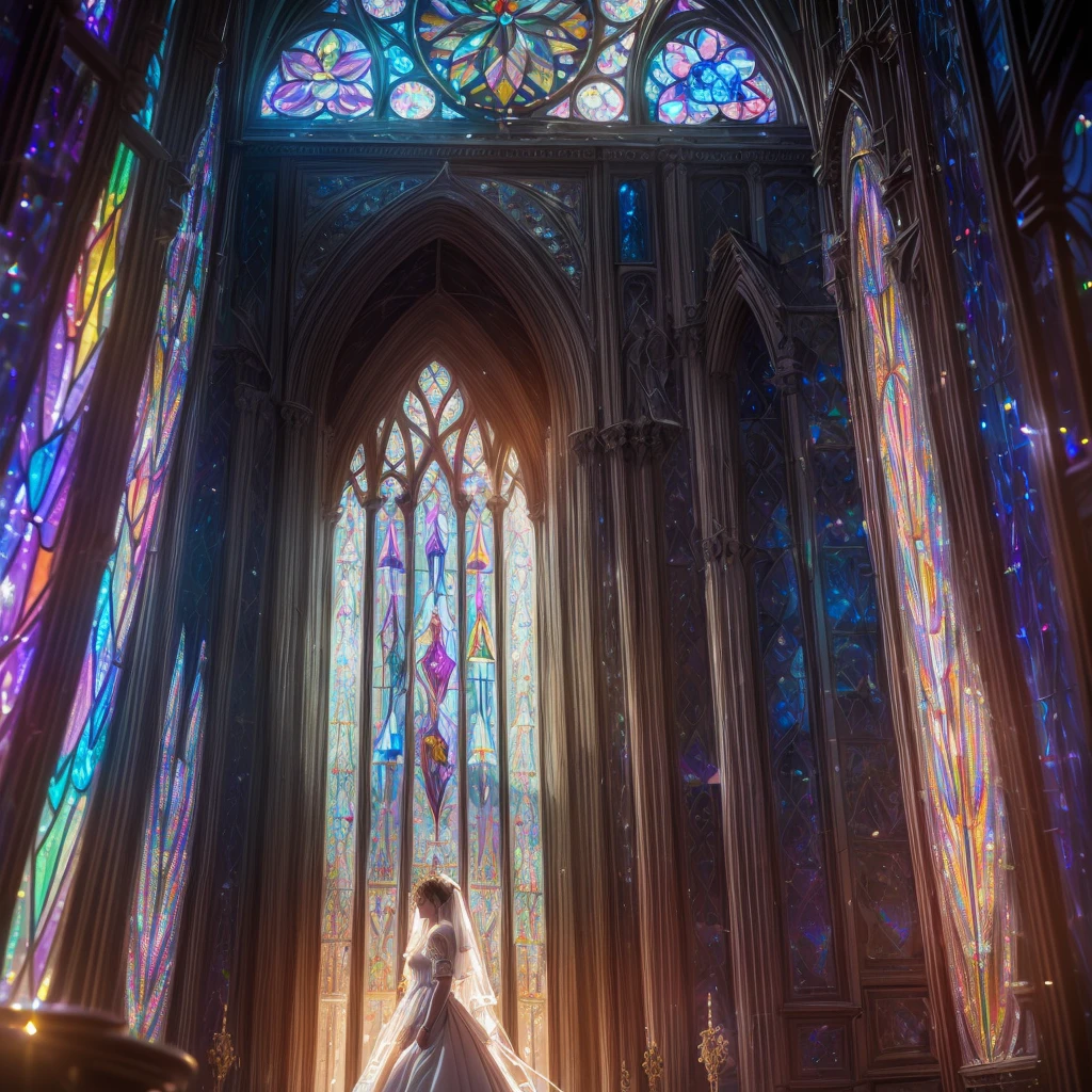 (Cathedral from below:1.28) (ZoomLayer) TopQuality 8K masterpiece of ((Professional photo)), (((Clarisse de Cagliostro))) (Detailed White WeddingDresses), Chain, (((Extremely detailed KAWAII face))) {((VeiledFace))|BlondeHair|(Elaborate BuleEyes)with(SparklingHighlights:1.28)}, The background is distant (((Elaborate stained glass))) Rainbow Glass, {(MysticSight)|EnchantingAtmosphere|Haze|(GodRays)|TyndallEffect}, Radiant PearlSkin with Transparency, (Exposed:0.39)