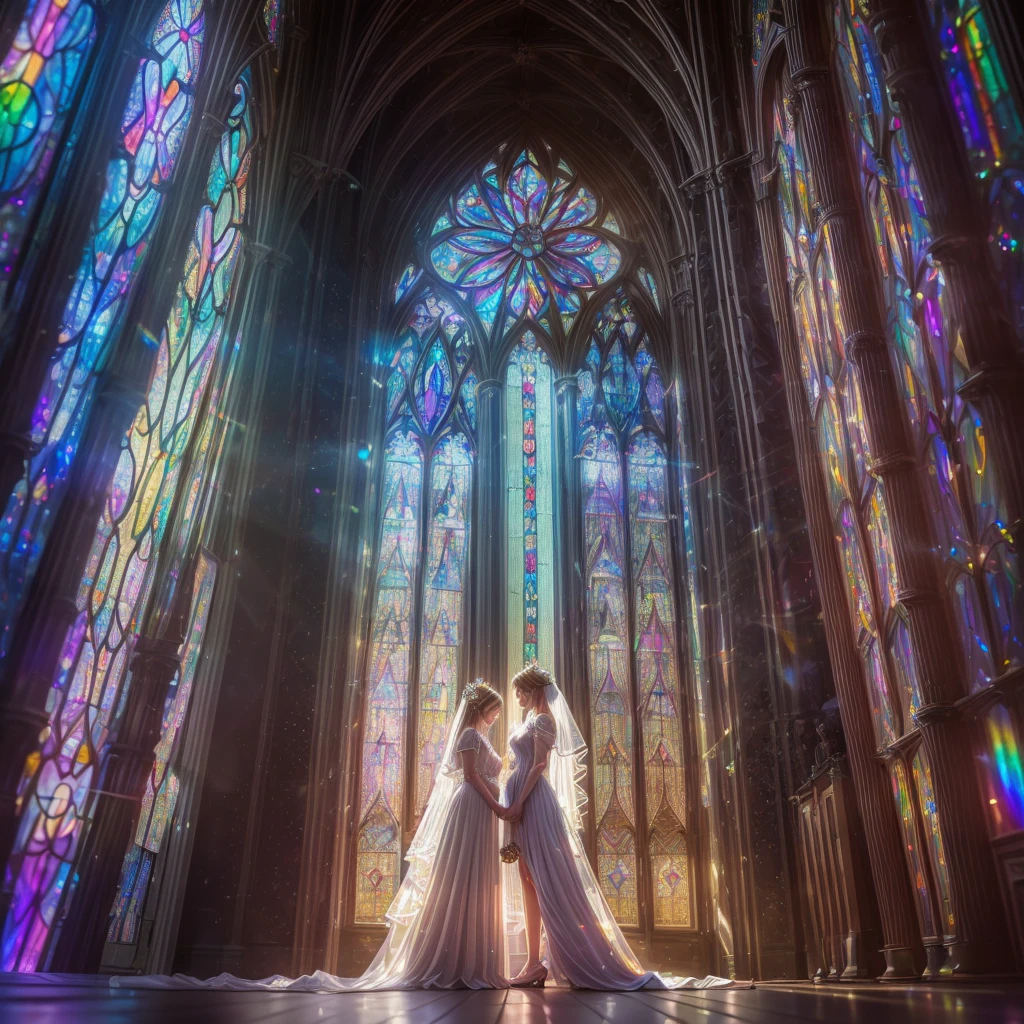  (Cathedral from below:1.28) (ZoomLayer) TopQuality 8K masterpiece of ((Professional photo)), (((Clarisse de Cagliostro))) (Detailed White WeddingDresses), Chain, (((Extremely detailed KAWAII face))) {((VeiledFace))|BlondeHair|(Elaborate BuleEyes)with(SparklingHighlights:1.28)}, The background is distant (((Elaborate stained glass))) Rainbow Glass, {(MysticSight)|EnchantingAtmosphere|Haze|(GodRays)|TyndallEffect}, Radiant PearlSkin with Transparency, (Exposed:0.39)