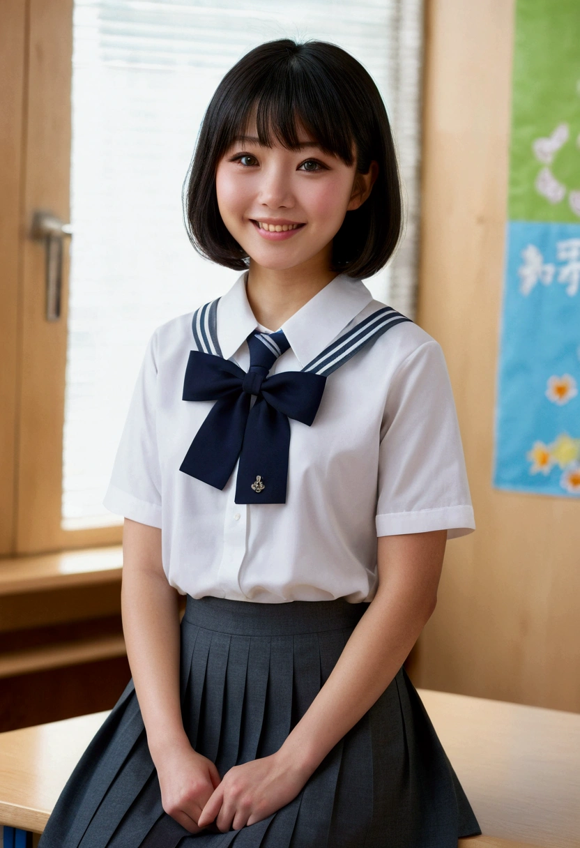 best quality, face focus, soft light, ultra high res, (photorealistic:1.4), RAW photo, 1japanese girl, 18 years old, solo, cute, idol, round face, (smile), (black eyes, lights in the eyes), detailed beautiful face, (small chest), (high resolution detail of human skin texture), (bob hair, black hair, see-through bangs), BREAK, in classroom, {school uniform, loose bow, short sleeve shirt, pleated skirt, gray skirt}