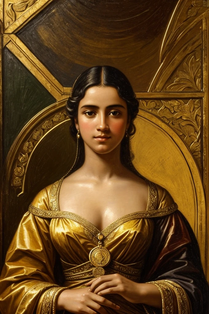 aa image of a painting about a humble hero , with various riches, gold-coins, banknotes of 5 reais and beautiful WOMEN WITH LARGE NECKLINES around them. COM ESSE TAMNHO1920x1080px