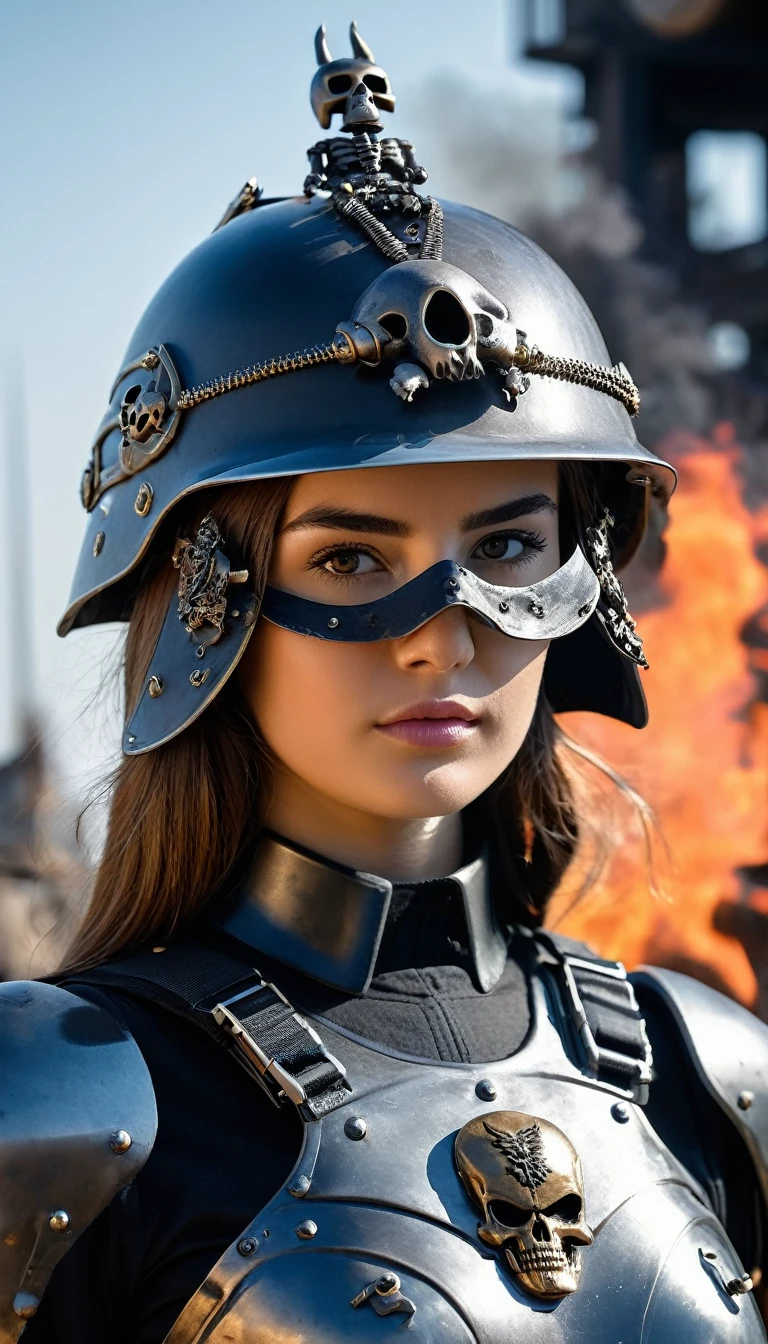 Close-up of a very beautiful girl, wearing military uniform with a military helmet; helmet decorated with terminator bones; menacing, fantasy-style skull mask; iron armor with skeleton decoration; background of bombs, smoke and fire.
Photo taken with Canon EOS R5 85mm f/11 Camera, ((sharp)) mode of people and surrounding scenery. Image quality ((8K)), ((lifelike)), ((masterpiece)), ((sharp and highest contrast)), ((great depth of field)), ((light stereolithography)).